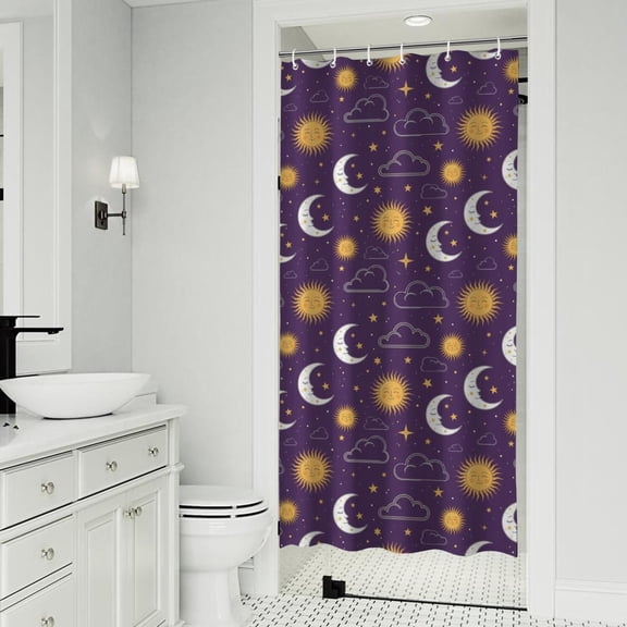 Purple Sun Moon Cloud Star Pattern Shower Curtain 36"x72" ,Bathroom Decorative Shower Curtains Set with 12 Hooks,Modern Waterproof Washable Shower Curtain