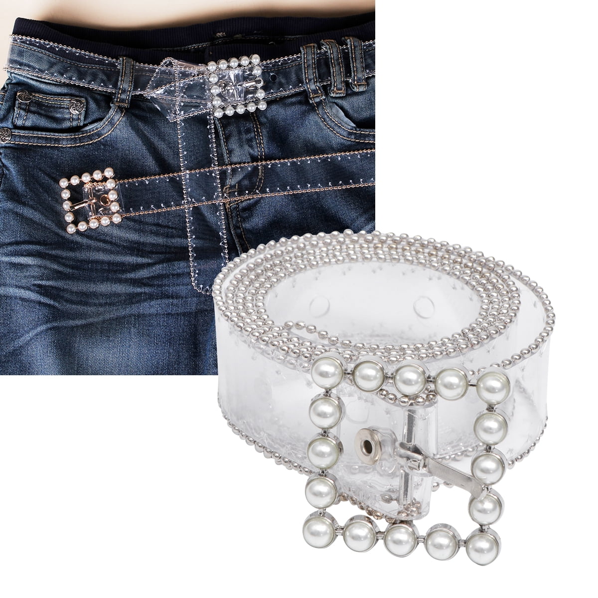 7725 1pc Transparent Waist Belt For Women Punk Style Thin With Square 1Pc Fully Transparent Narrow Waist Belt Punk Rivet Square  main image 3