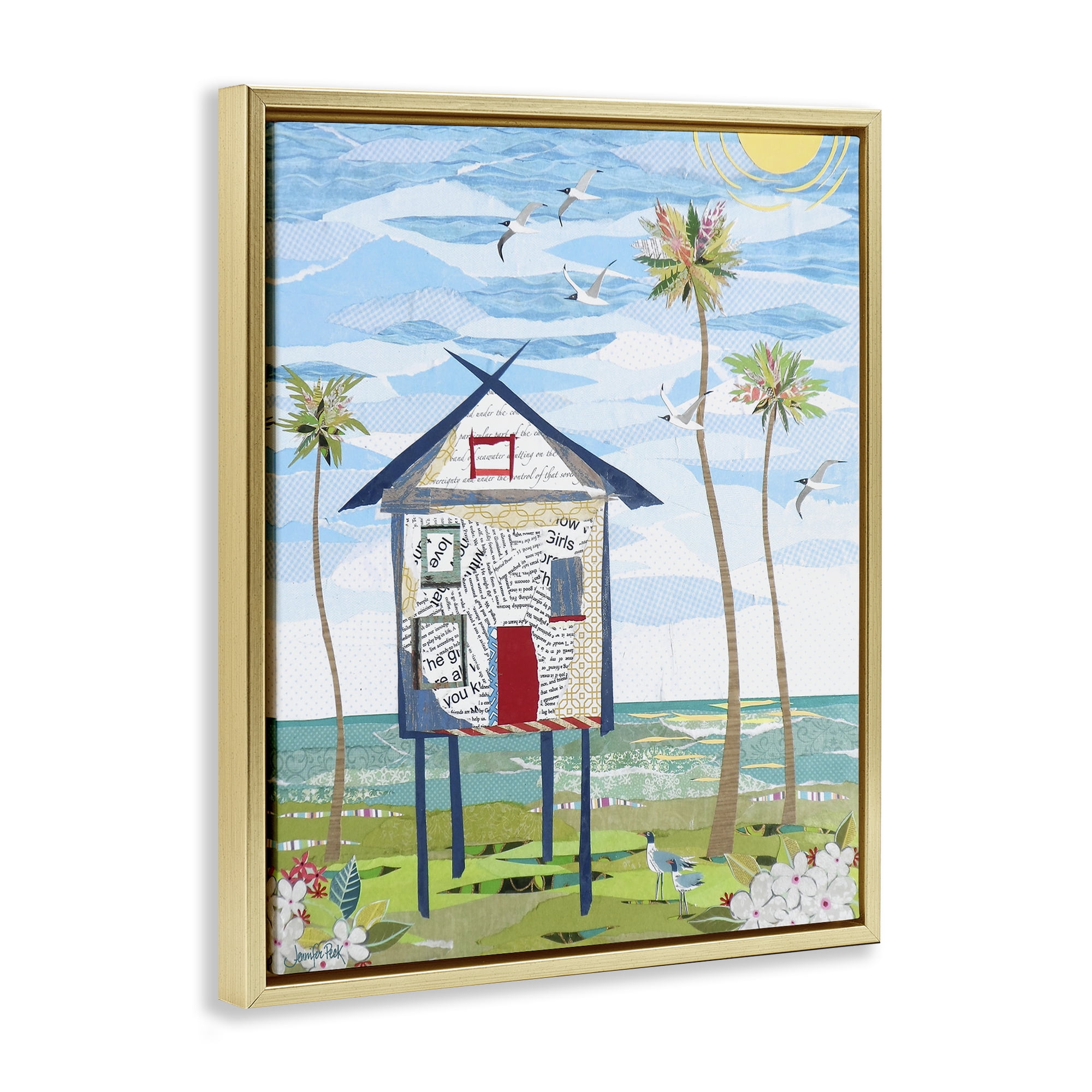 Stupell Industries Beach Vacation Getaway Coastal Painting Gold Floater Framed Canvas Art Print Wall Art, 25 x 31