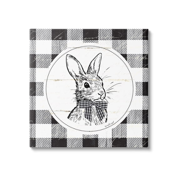 Detailed Easter Bunny Drawing Spring Plaid Border Animals & Insects Graphic Art Gallery-Wrapped Canvas Print Wall Art