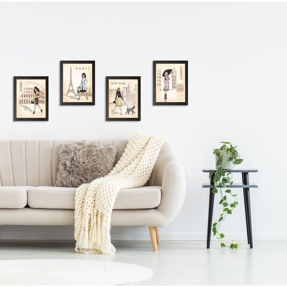 Gango Home Decor Paris, London, Roma & New York Fashion Wall Art; Four Off-White 8x10in Art Prints in Black Frames