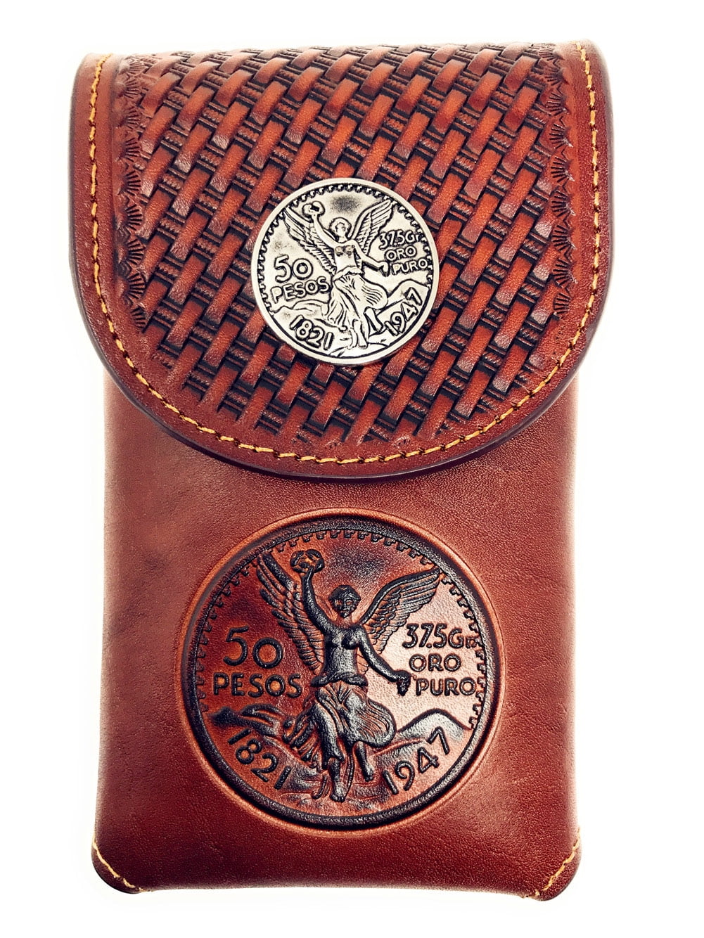 Western Cowboy Tooled Basketweave Leather Mexican 50 Pesos Concho Belt