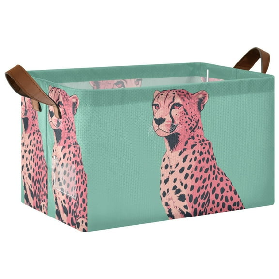 Yayeee Foldable Storage Basket for Shelves with Handles Waterproof Cloth Bins, Big Pink Cheetah