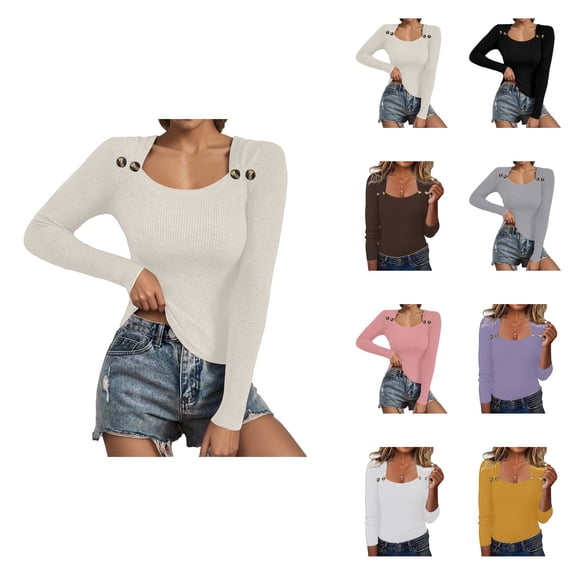 Knit Pullover Sweater Winter Autumn Square Neck Button Down Top Soft Stretch Casual Blouse Tunic Long Sleeve Shirt
