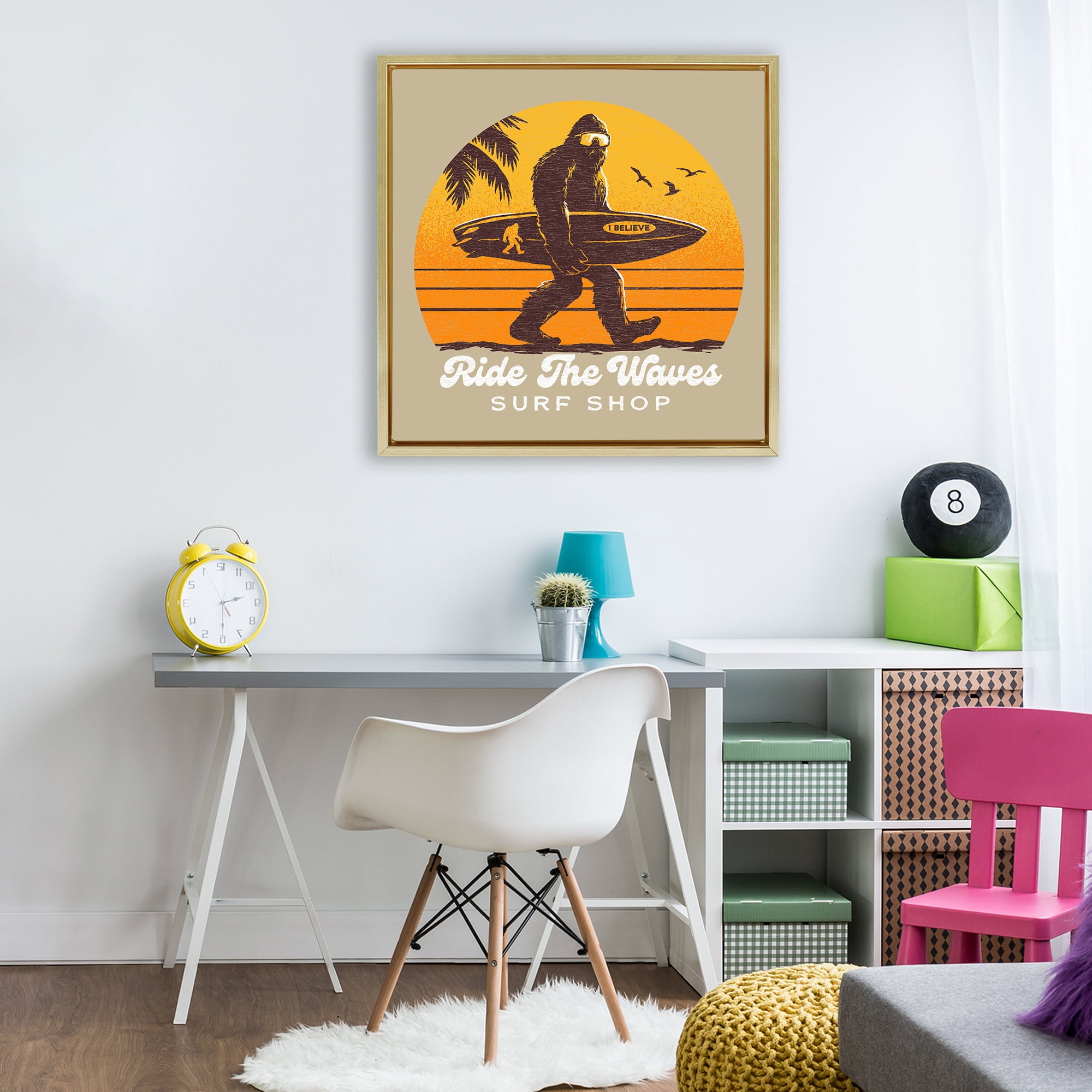 Ride The Waves Surf Shop Gold Framed Floater Canvas Wall Art, design by Jedco Brands Inc.
