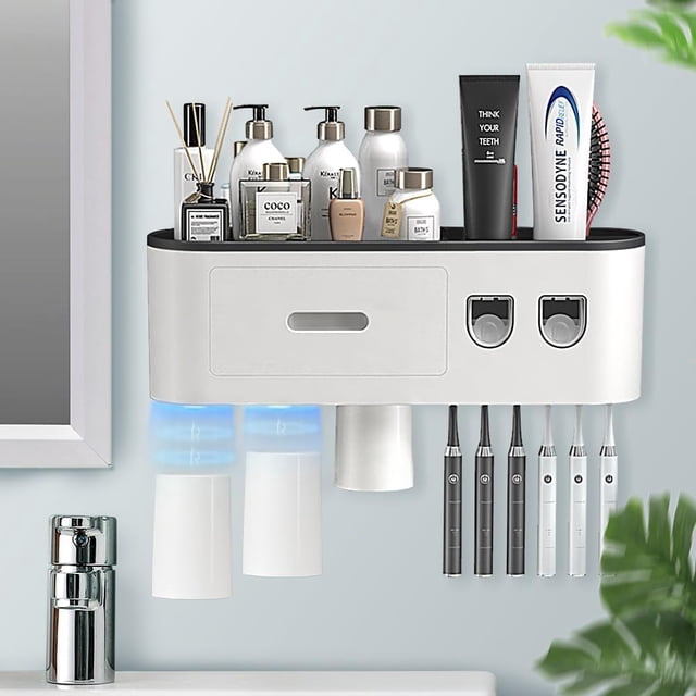 Toothbrush Holder Wall Mounted Toothbrush Holder for Bathroom with Automatic Toothpaste Dispensers Toothbrush Slots Magnetic Cups Cosmetic Drawer Organizer and Large Storage Tr