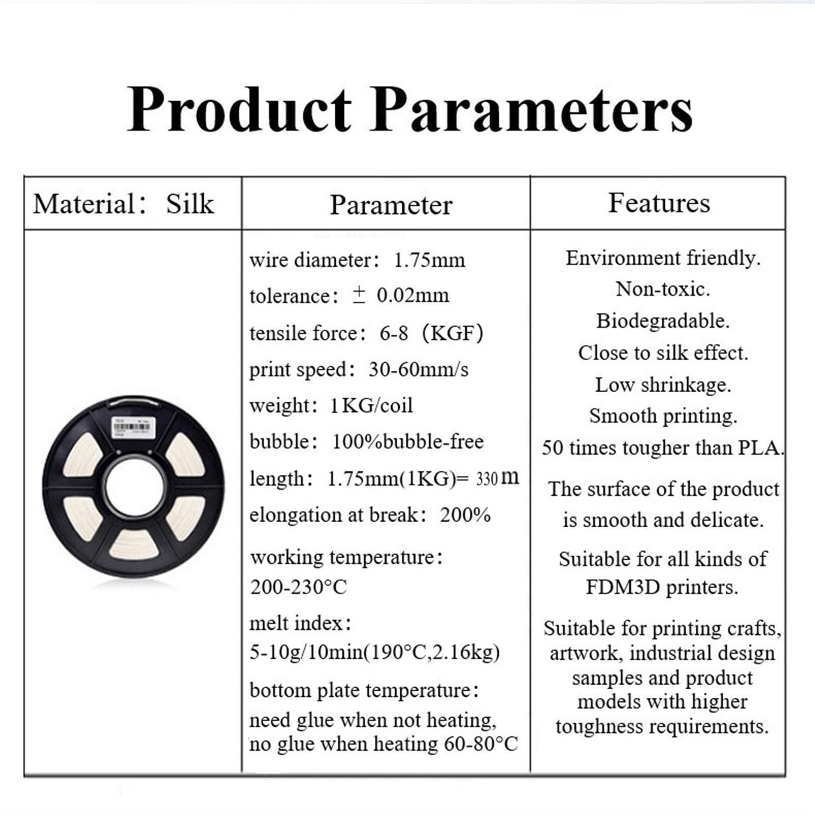 White 3D Printer Filament, Solid Opaque Silk PLA, Easy-to-Print, Pack of 1Kg, Dimensional Accuracy 1.75mm +/- 0.02mm