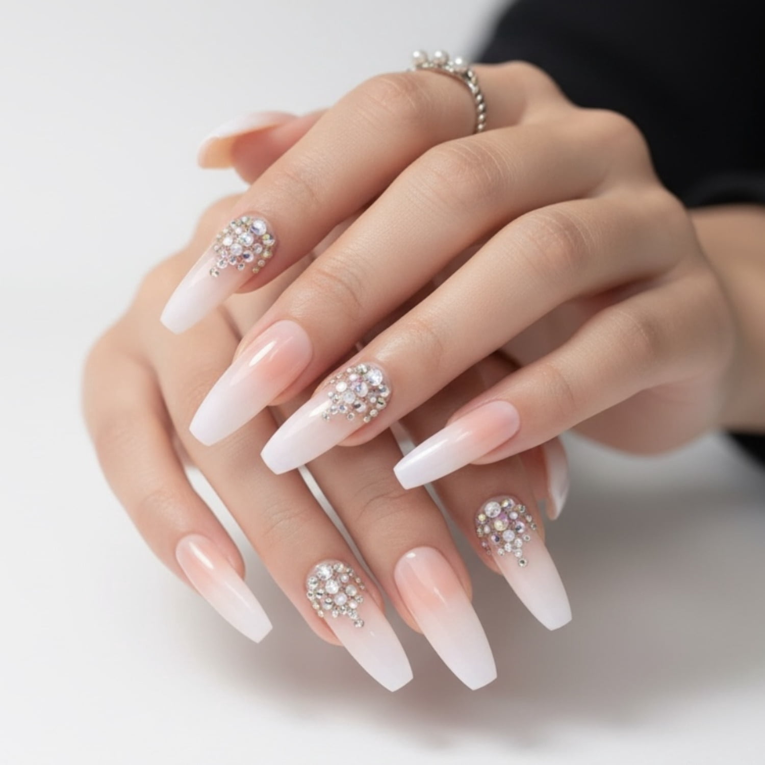 Nude Ombre French 3D Crystal Press On Nails, Extra Long Coffin Fake Nails Set, Sparkle Pop