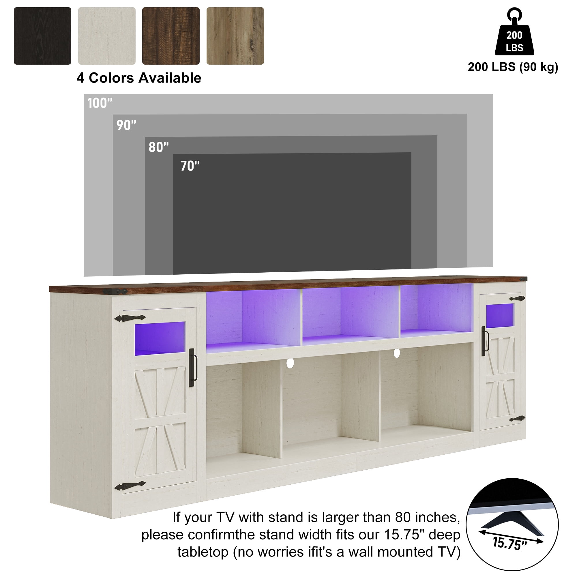 ChVans 95" Farmhouse TV Stand for 90/100"TV with LED Lights and Power Outlets, Large Entertainment Center with 2 Barn Doors Storage Cabinet & 6 Semi-Open Compartments for Living Room, White