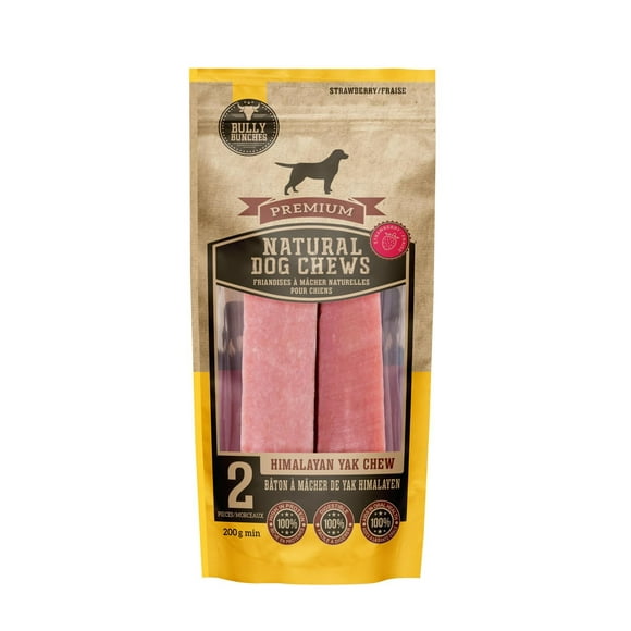 Bully Bunches Fraise Himalayan Yak Chew (2 Pk) Super longue durée naturelle à mâcher pour chien Mâcher de yak aux fraises