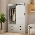 thumbnail image 2 of Resenkos Tall Bedroom Armoire Wardrobe Closet, Clothing Storage Cabinet with Hanging Rod, Barn Door, Drawers & Open Shelves - White, 2 of 19