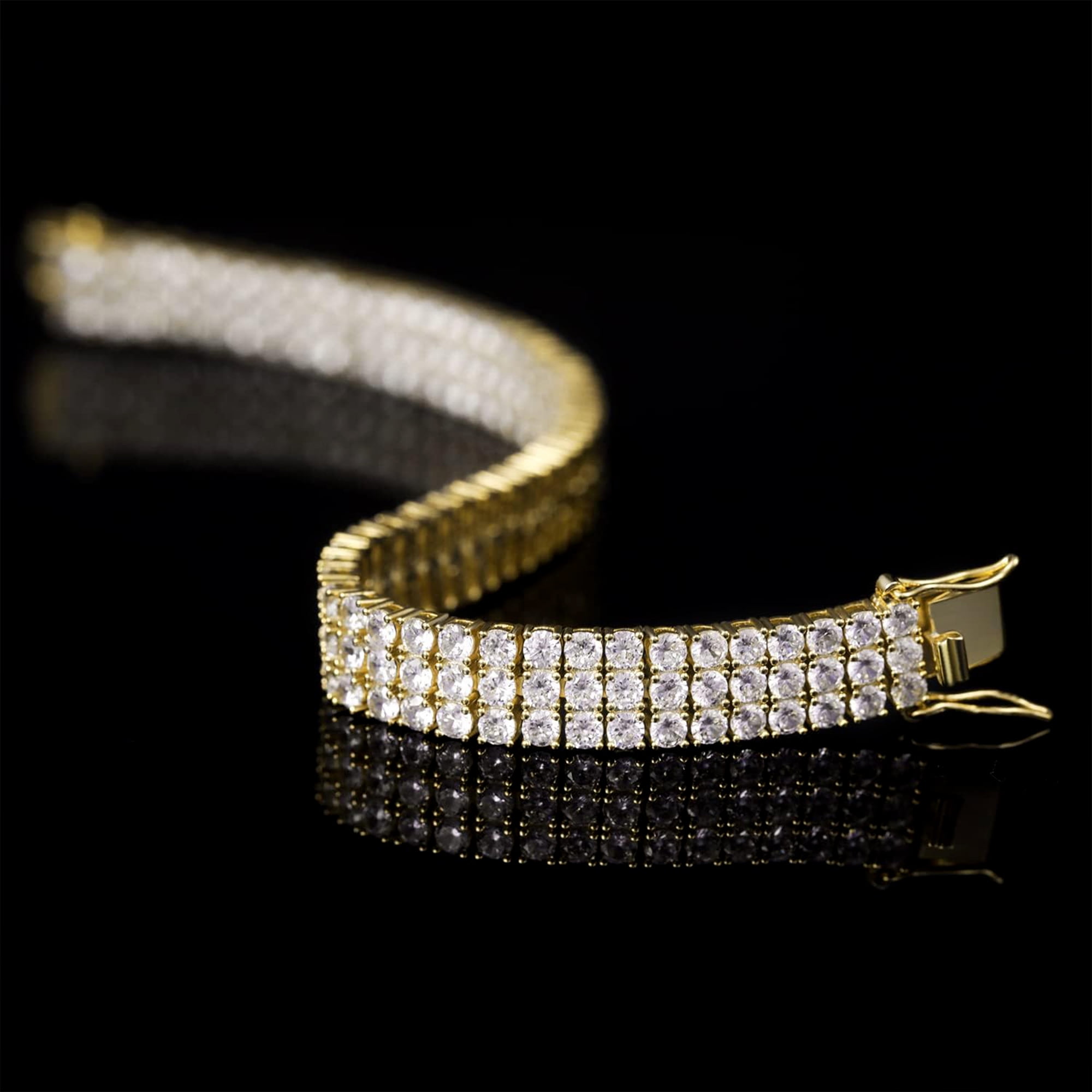GEMSME Tennis Bracelets for Women Men 18K Yellow Gold Plated 3 Row 3.0 mm Round Cubic Zirconia Tennis Bracelet Iced Out Hip Hop Bracelet 7 Inches