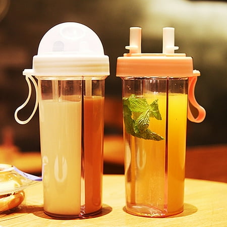 

Naturegr 420/600ml Portable Dual Straw Separate Drink Water Beverage Bottle Couples Gift