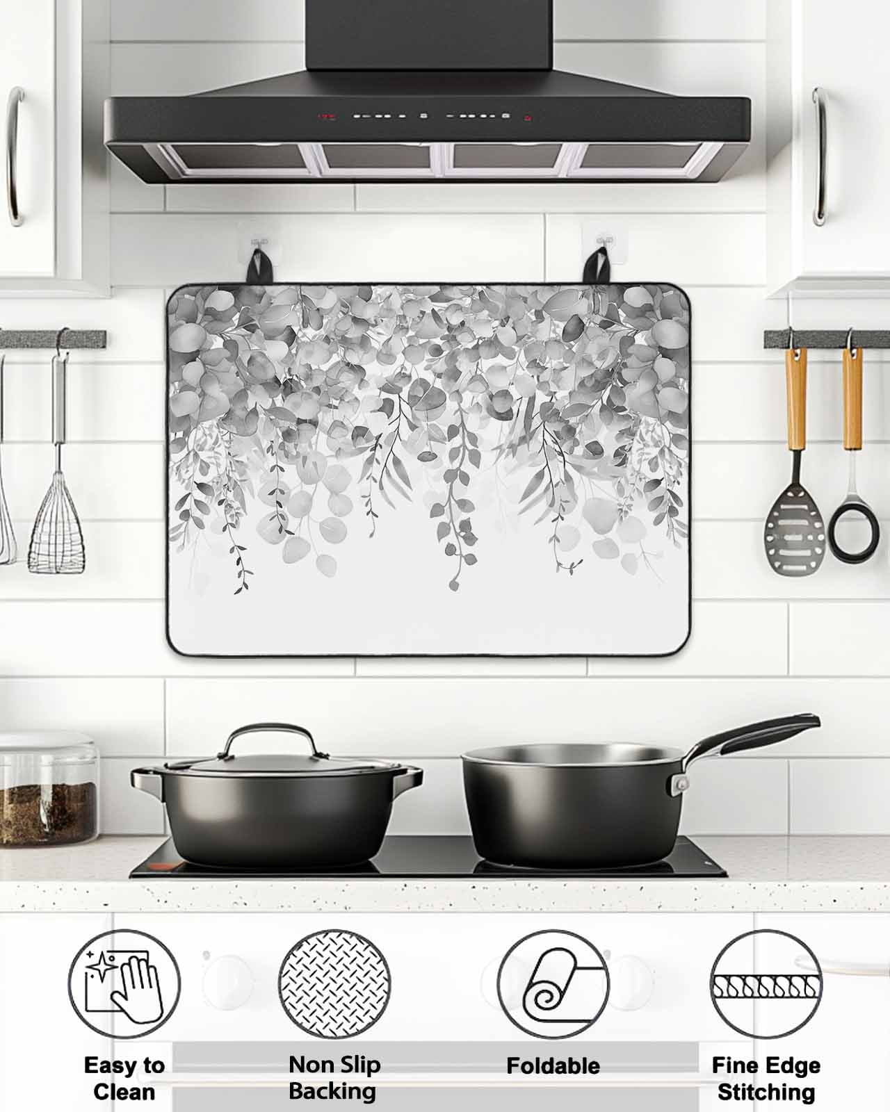 Stove Top Covers for Electric Stove, Grey Botanical Glass Stovetop Cover Protector, Weeping Eucalyptus Leaves Watercolor Induction Cooktop Protector Oven Mat for Kitchen Countertop 36"x21"