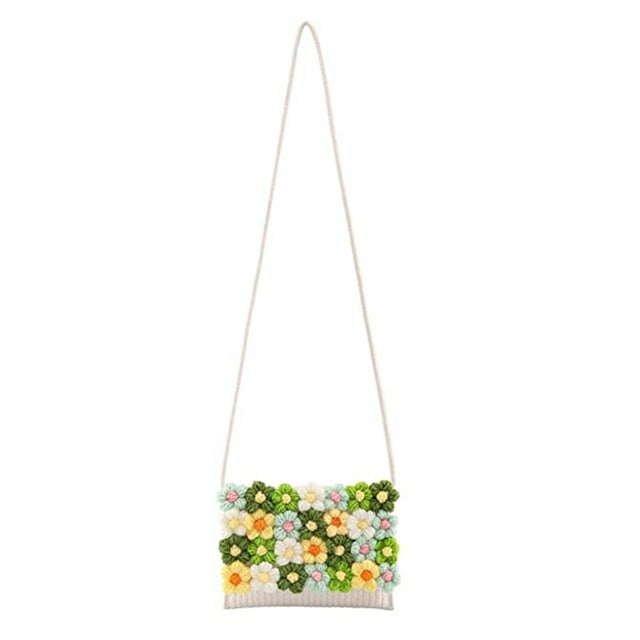 RUNROTOO 1 Piece Sling Purse Crossbody Women Green Handwoven Flower Decorated for Beach Use