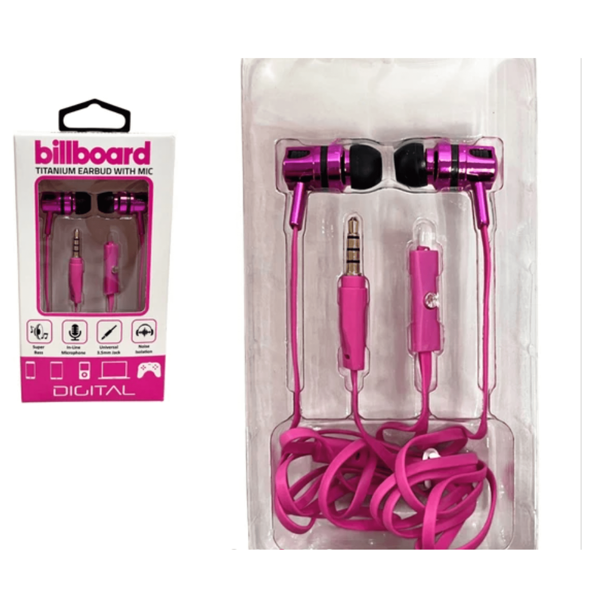 Billboard Titanium In-Ear Wired Earbuds with Built-in Microphone - Pink