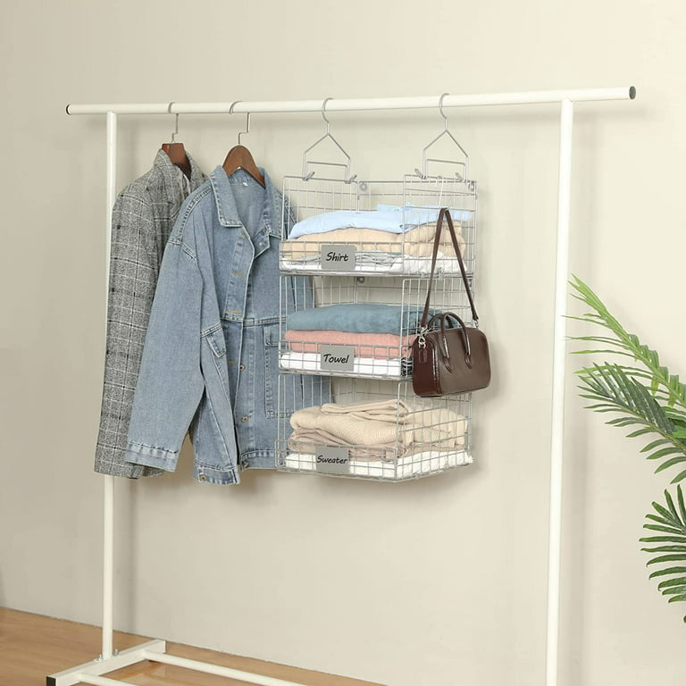 GILLAS 3 - Tier Closet Hanging Organizer, Clothes Hanging Shelves with  Hooks, Stackable Storage Bins Foldable Closet Organizers for Clothing,  Handbag