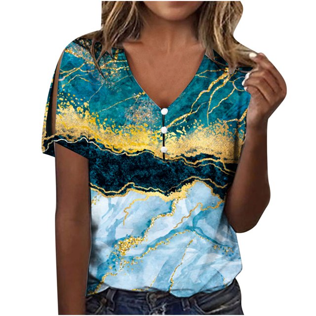 Gibobby Camiseta de Manga Corta con Cuello en V Camiseta manga corta con cuello en V y botones manga corta con agujeros informales verano para mujer(Amarillo,CH)