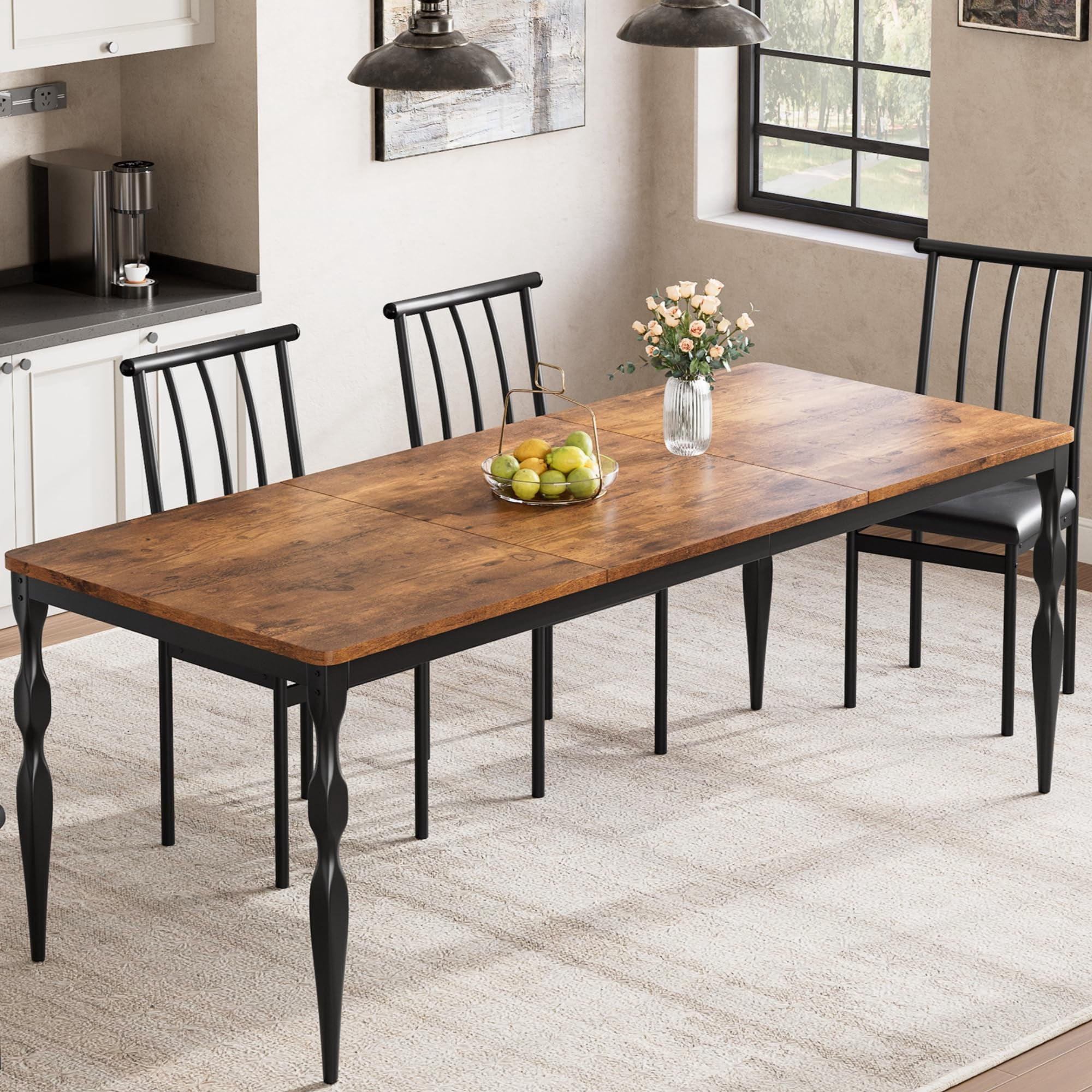 M optimized 71" Long Dining Table for 6, Farmhouse Rectangular Kitchen Table with Tabletop, Wooden Dining Room Table with Heavy Duty Legs