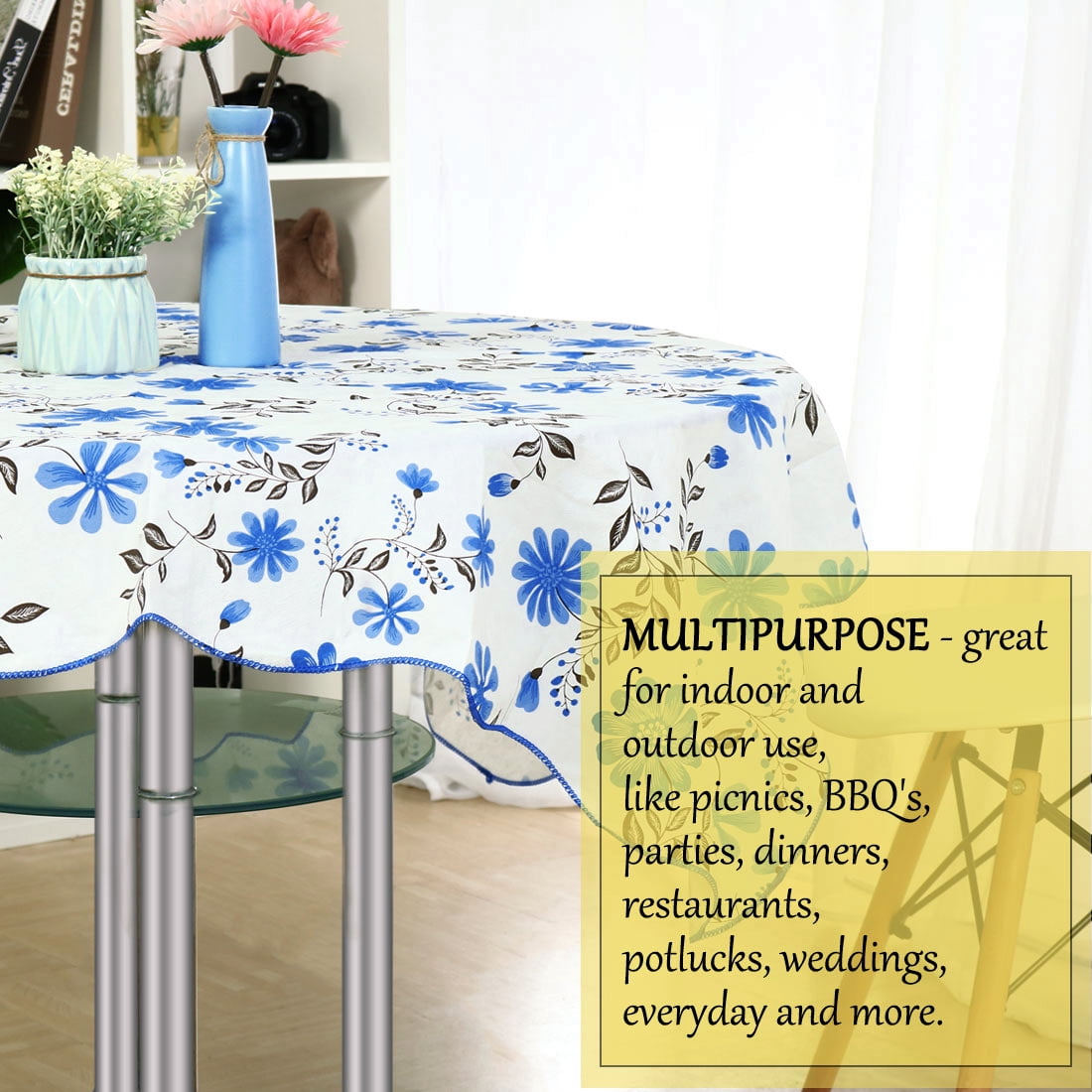 Unique Bargains Vinyl Square Tablecloth Blue Flower 53" x 53"