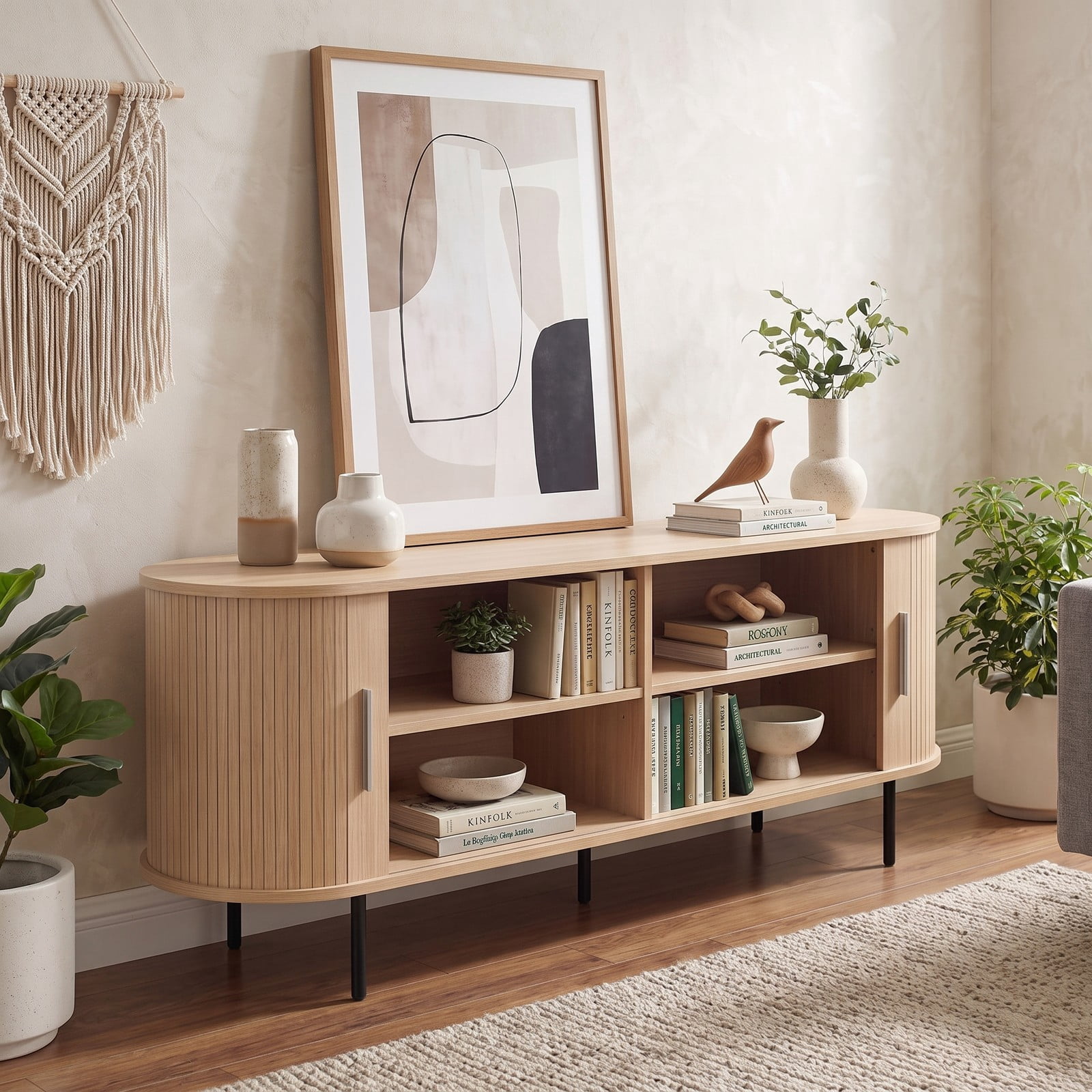 Furnibear Fluted TV Stand for TVs up to 60 Inch, Mid Century Modern Curved Entertainment Center with Open Storage Shelves, Wood Media Console Table for Living, Natural