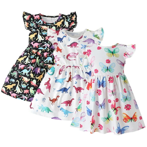 MXIEZI Little Girls Short Sleeves Skirt Dresses 18M-6 Years old Kids Casual Sport Dinosaur Dress Toddler Summer Printing Tutu Dresses Sundress