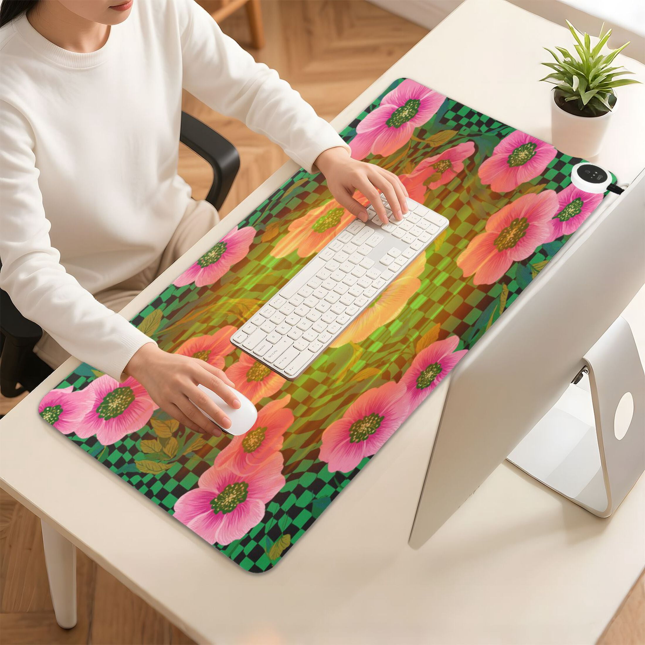 Large Heated Desk Mat Mouse Pad 31.5"x13"PU Leather Graphene Heating Desk Warmer with 3 Temperature Settings 110V US Plug Non-Slip Warm Pad for Home, Office, and Gaming Groovy Green and Pink Flowers
