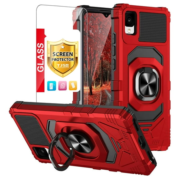 TJS for TCL 30 Z T602DL, TCL 30 LE Case, with Tempered Glass Screen Protector, [Military Grade] Robotic Magnetic Support Car Mount Metal Ring Holder Kickstand for Alcatel TCL 30Z / TCL 30LE (Red)