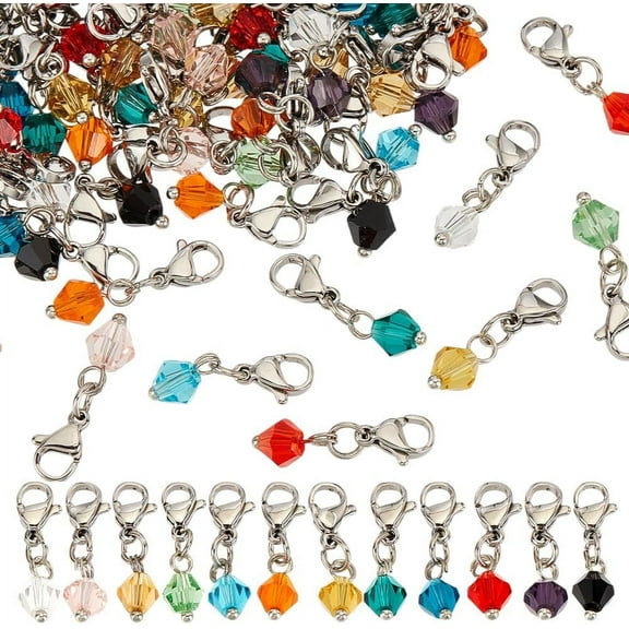 96 Pcs Bicone Glass Clip on Charm 12 Colors Birthstone Charm Drop Bead with Clasps Bicone Crystal Pendant for Necklace Bracelet Jewelry Making 20mm