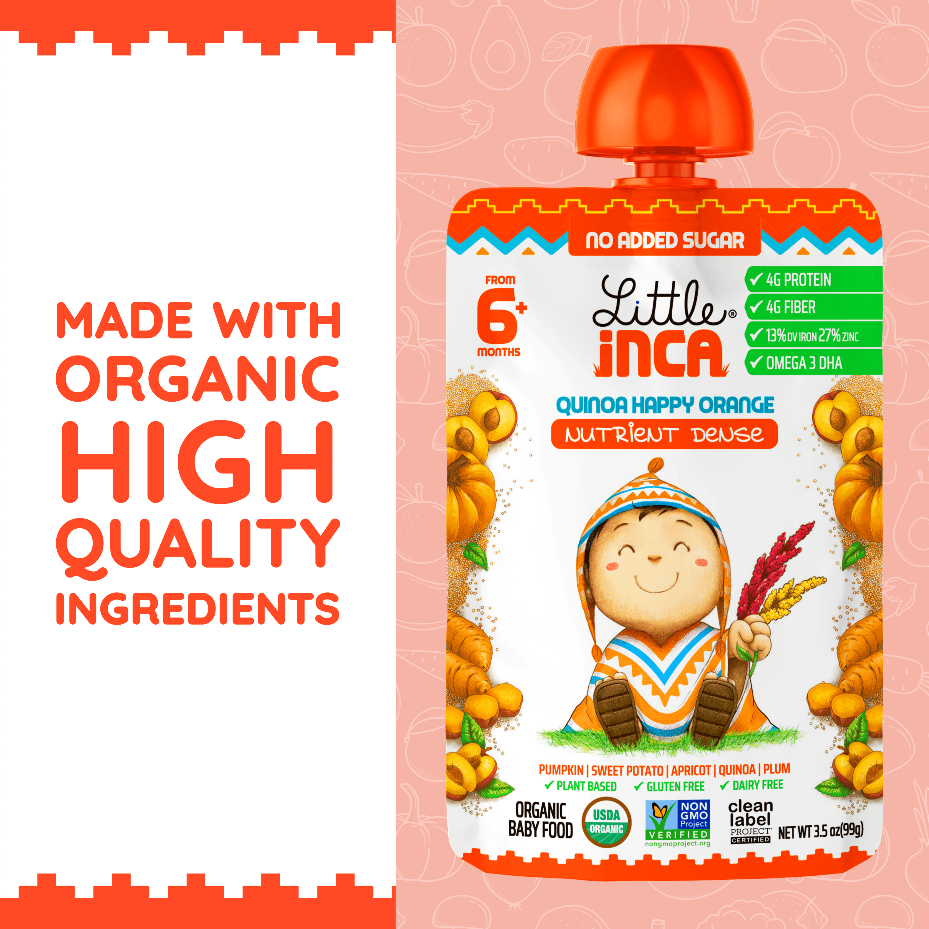 Little Inca Stage 2 Baby Food Pouches, Quinoa Happy Orange Baby Puree, Plant Based High Protein, Dairy-Free, 6 x 3.5oz