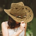 thumbnail image 4 of Shadoumai Cowgirl Hat for Women Men Western Cowboy Hat Woven Hollow Out Wide Brim Sun Hat with Chin Strap, 4 of 5