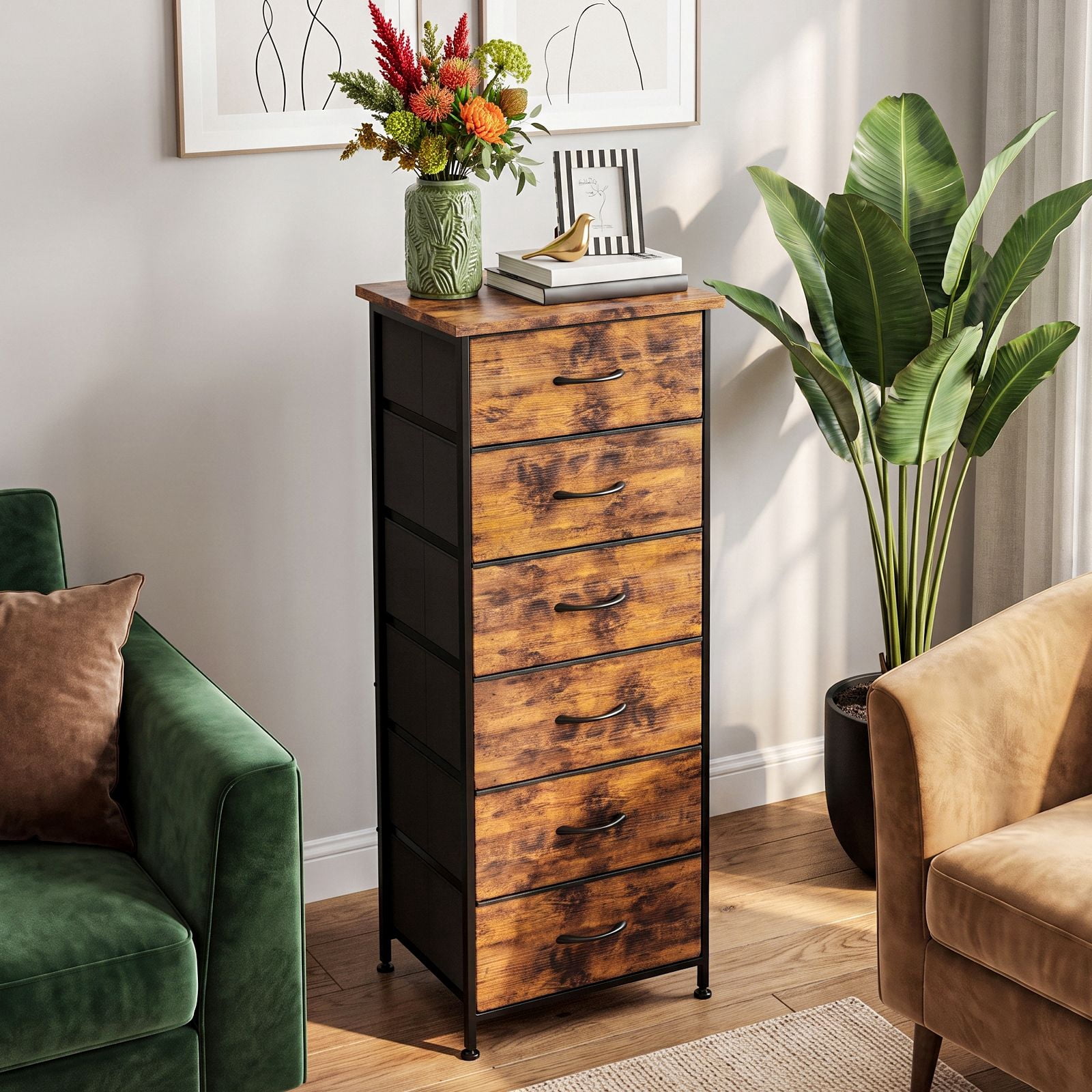 6 Drawer Dresser, Tall Narrow Storage Chest with Fabric Drawers, Steel Frame and Wood Top, Space-Saving Unit for Bedroom, Closet, Entryway