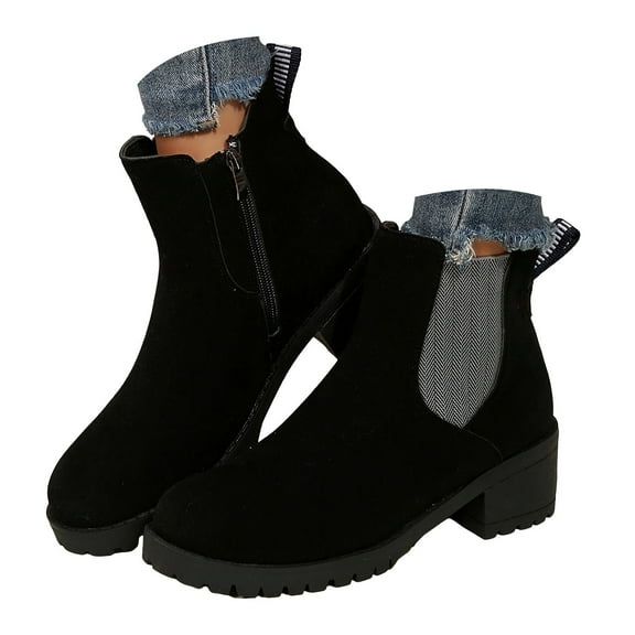 Mepaouo Women's Chelsea Ankle Boots Lug Sole Mid Heel Slip on Elastic Ankle Booties Leather Dress Shoes