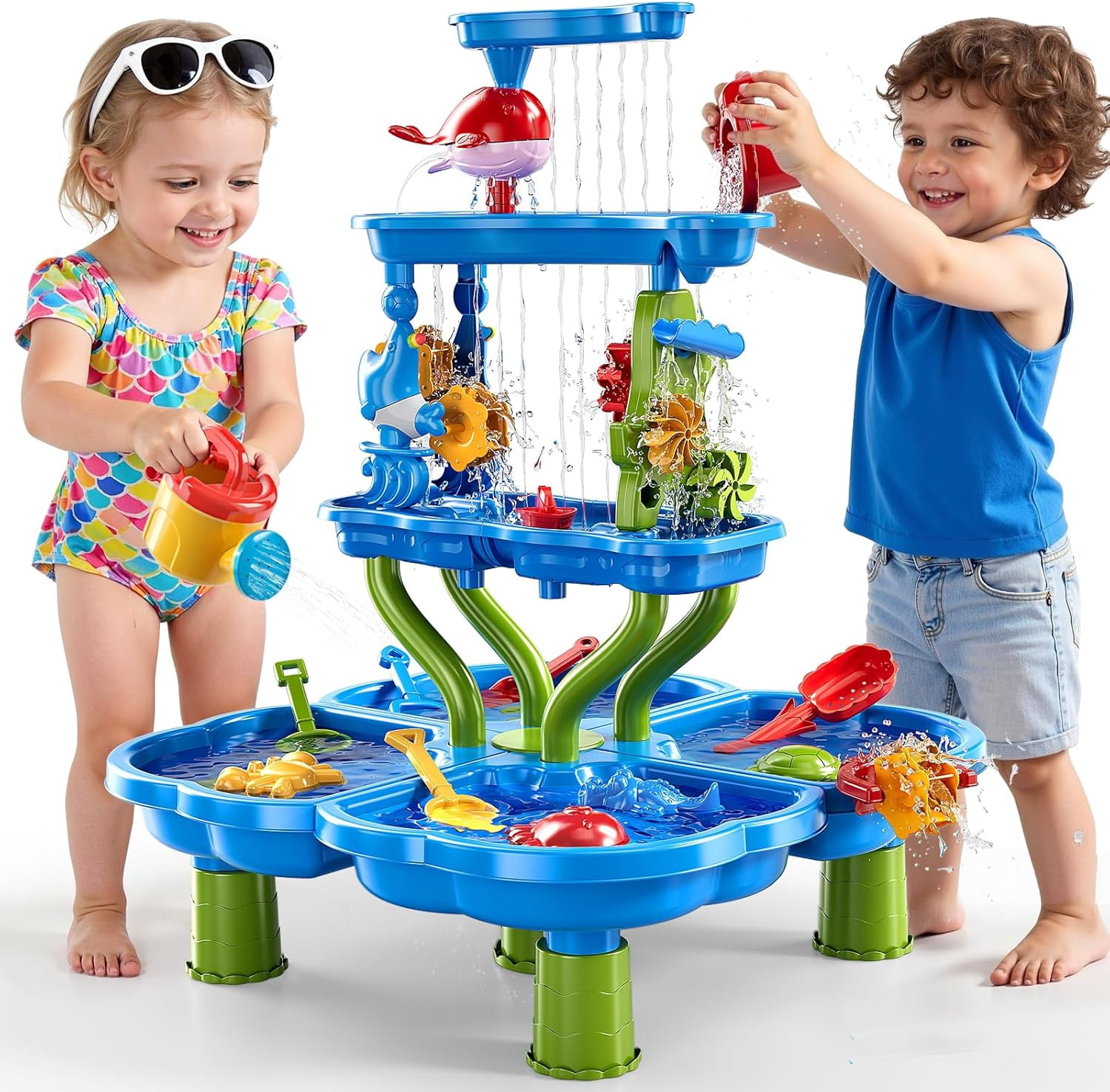 3-Tier 4 Areas Water Table for Kids 3-5, Summer Outdoor Beach Sensory Activity Playset Kids Sand and Water Table Toys, Birthday Gifts for Boys and Girls 3 4 5 6 7 8