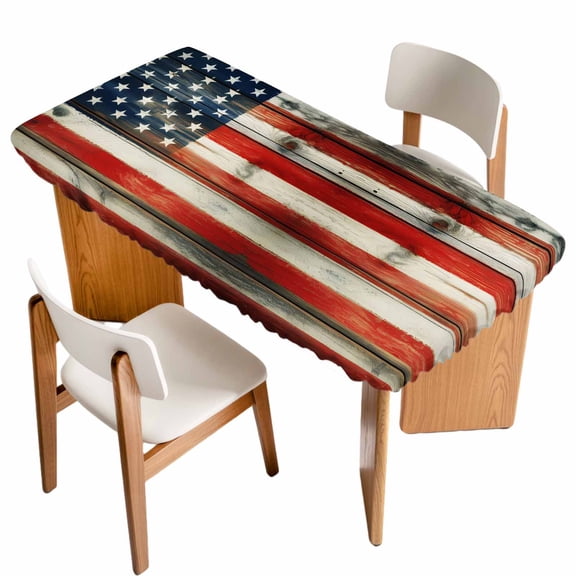 Vintage American Flag Table Cloths for 6 Foot Rectangle Tables, Retro USA Flags Wooden Patio Waterproof Elastic Fitted Tablecloths, Washable Rectangular Table Cover for Camping