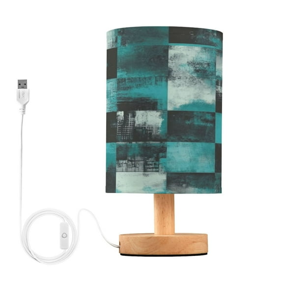 Teal and Black Squares Small Lamp Printed Gifts Table Lamp USB Bedside Desk Nightstand Lamp Wood Base for Bedroom Living Room Office Desk College Dorm