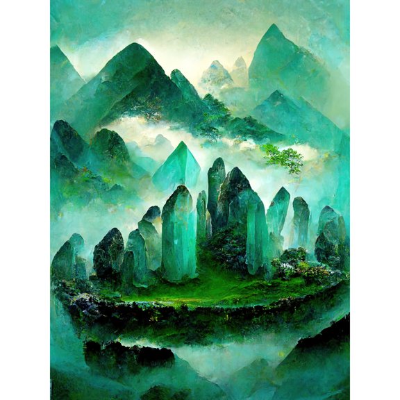 Mystical New Age Crystal Jade Green Landscape Painting Large Wall Art Poster Print Thick Paper 18X24 Inch