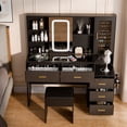 thumbnail image 5 of Oubayajia Large Vanity Desk with Mirror and Lights, Modern Makeup Vanity with Charging Station, 5 Drawers, Shelves and Cushioned Stool, Glass Top for Bedroom, Dressing Room, 5 of 8