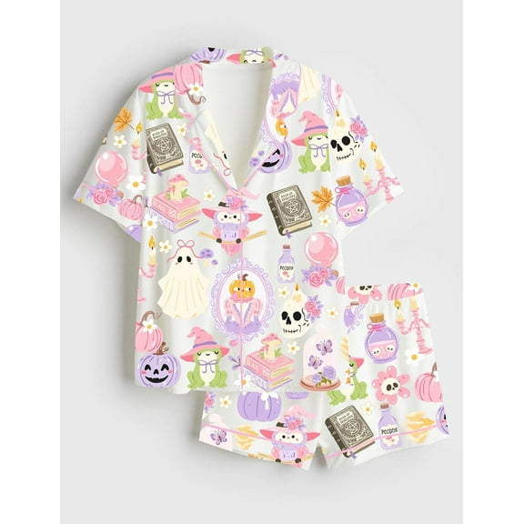 Pastel Magic Pajama Set | Cute Witch & Potion Print Sleepwear for Women (Short & Long Pants)