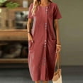 thumbnail image 2 of SMihono Ethnic Style Dress for Women Casual Round Neck Short Sleeve Baggy Midi Dress Loose Comfy Vacation Beach Summer Outfit Wine XXL, 2 of 9