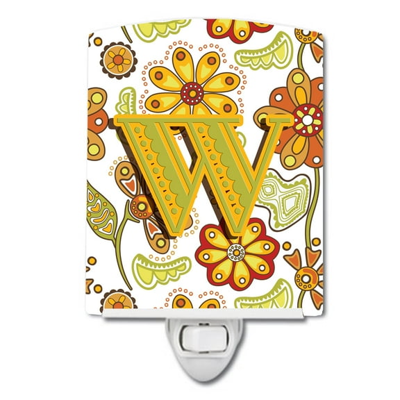 Caroline's Treasures CJ2003-WCNL Letter W Floral Mustard and Green Ceramic Night Light, 6x4x3", multicolor