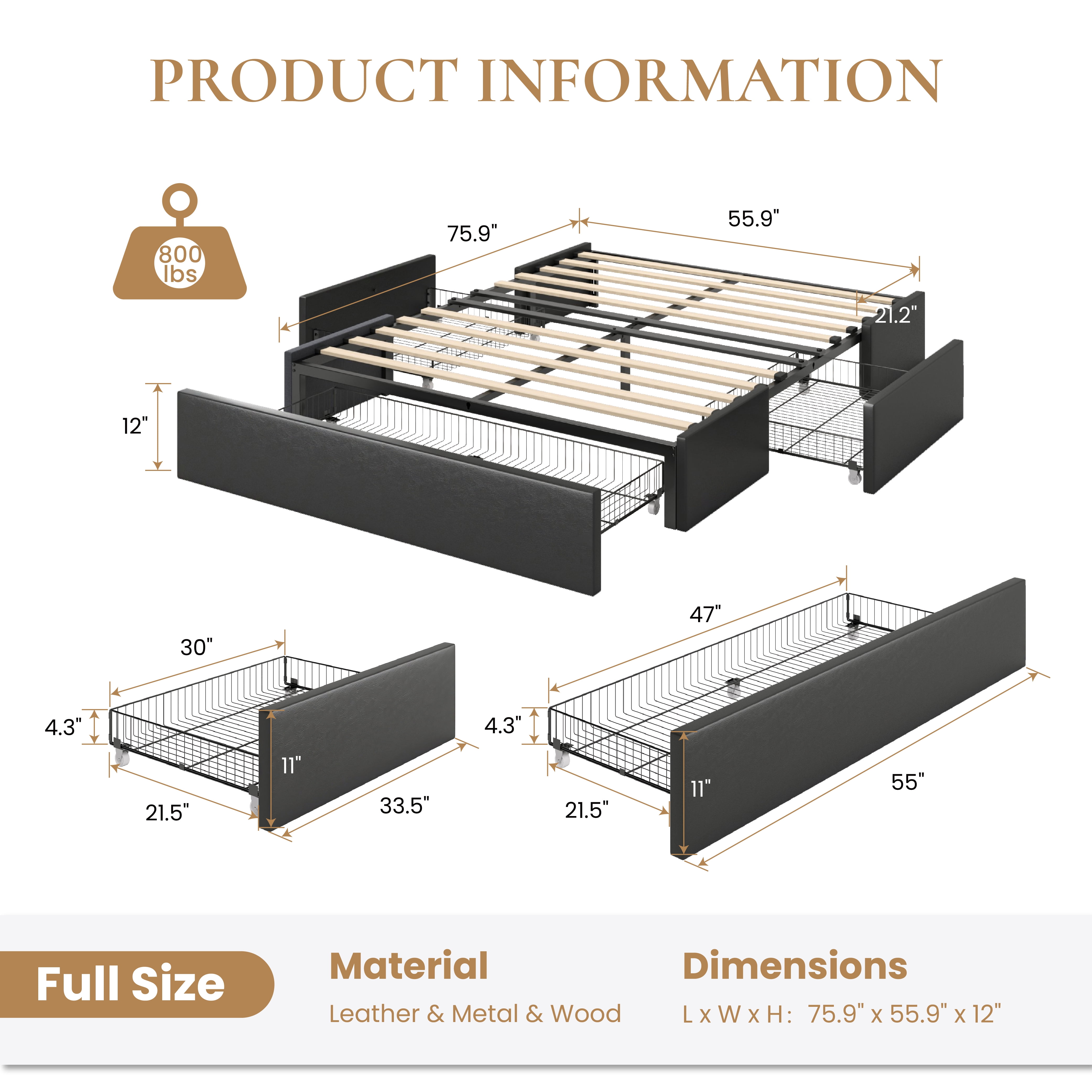 SHA CERLIN Black Full Size Platform Faux Leather Bed Frame with 3 Storage Drawers, Adult
