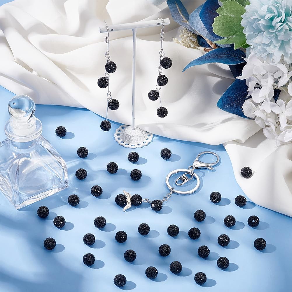 200pcs Rhinestone Beads 10mm Black Beads Disco Ball Beads Polymer Clay Beads Glitter Round Beads Loose Beads for Friendship Bracelet Necklace Earring Jewelry Craft Making Jet