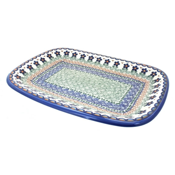Blue Rose Polish Pottery Aztec Flower Large Rectangular Serving Platter