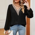 thumbnail image 6 of WREESH Womens Spring Summer Chiffon Blouses Long Sleeve Lace Patch V Neck Casual Loose Solid Color Blouse Tunic Tops Black, 6 of 8