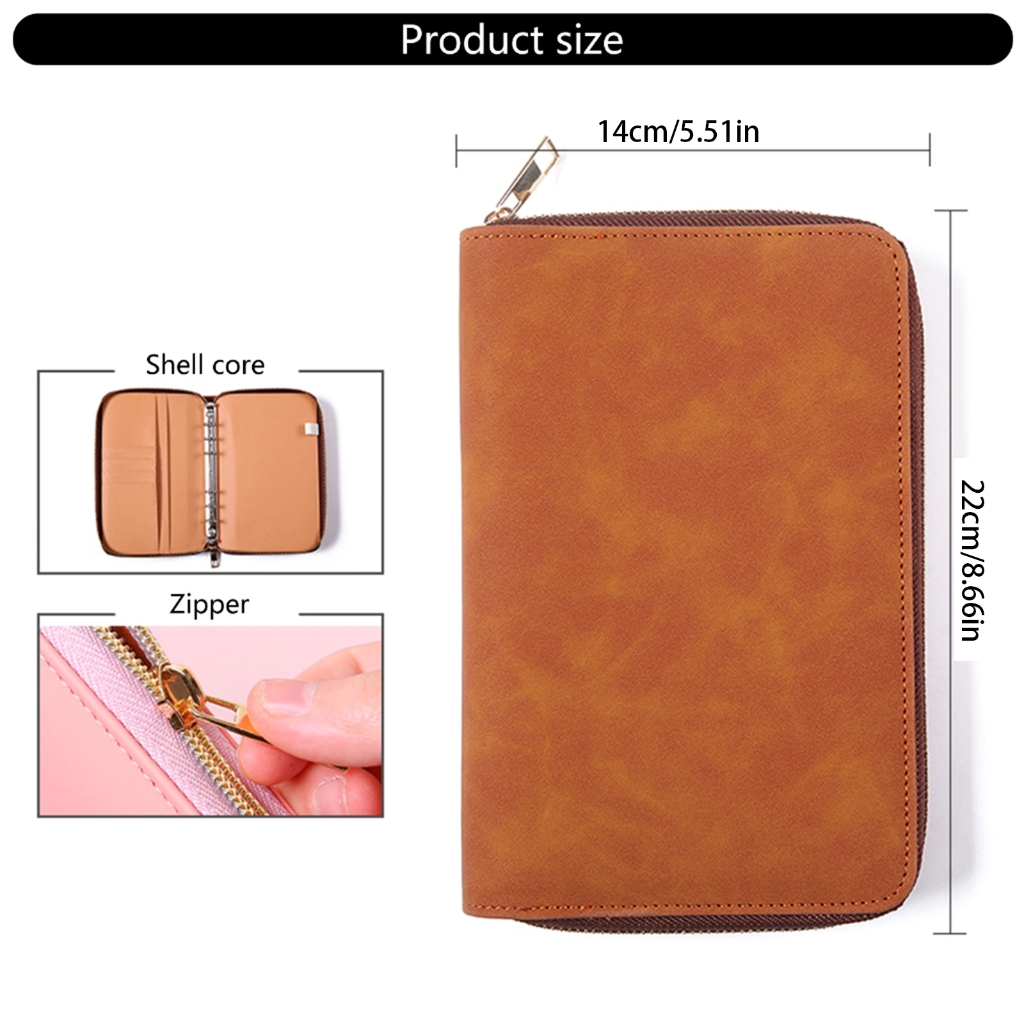 Zippered Leather Notebook Binder Cover with Card Pocket Elastic Pen Slot Refillable 6 Rings Binder Cover for Planner