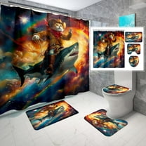 4 Pcs Cat Shower Curtain Set - Funny Cat Riding Bird Shower Curtain Kids Bathroom, Cute Cat Bathroom Set Animal Theme Girls Shower Curtain with Rug, Toilet Cover and Bath Mat with 12 Hooks