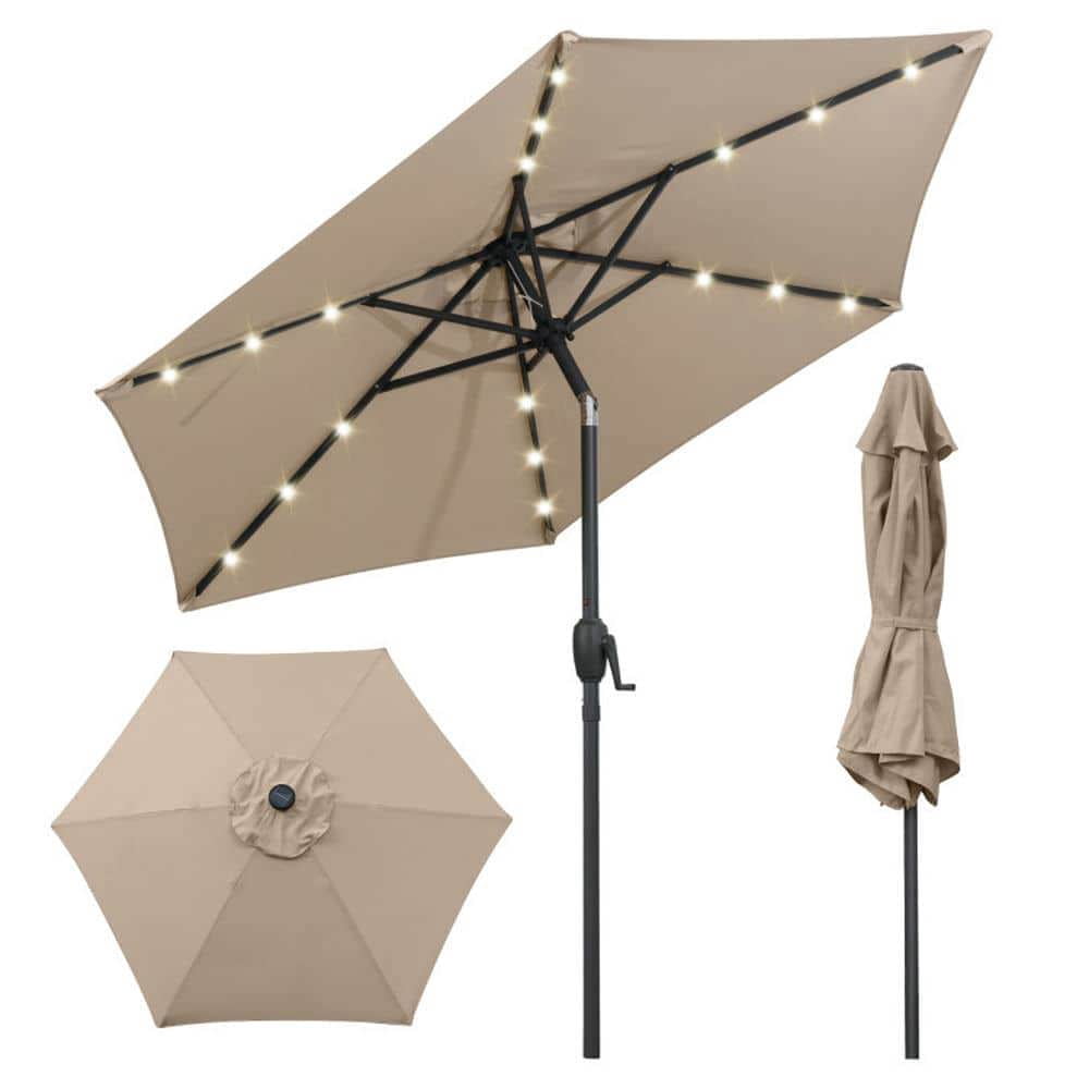 Spaco 7.5 Feet Solar Powered Patio Umbrella, Outdoor Shade with LED Lights and Crank Handle, Brown