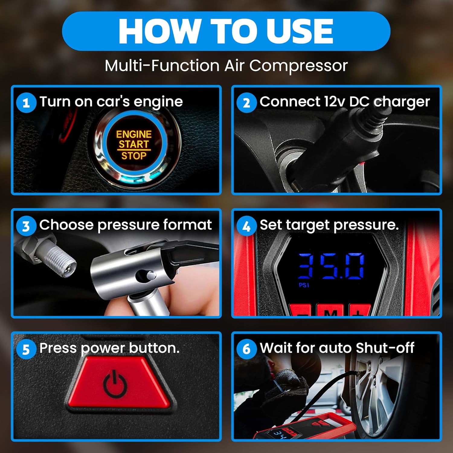 Bullseye Tire Inflator 150 PSI Portable Air Compressor Electric Pump For Car Auto LED Tire Pressure Gauge 12V DC