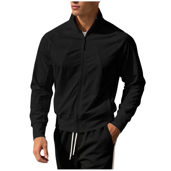 TOUMENY Men's Lightweight Zip Up Jacket Stand Collar Long Sleeve Solid Slim Coat Casual Outdoor Sun Protection Track Top Black S